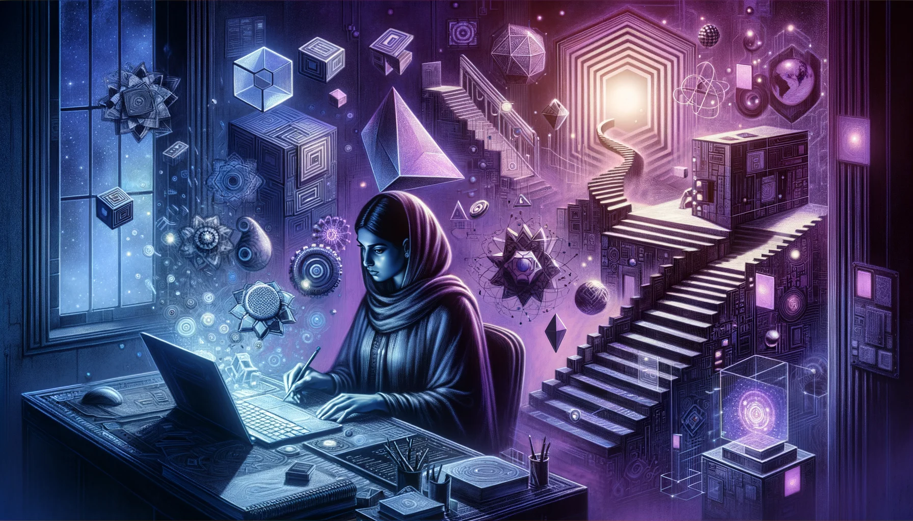 Computer Scientist, surrealism style, impossible objects, realistic materials, dark purple main theme