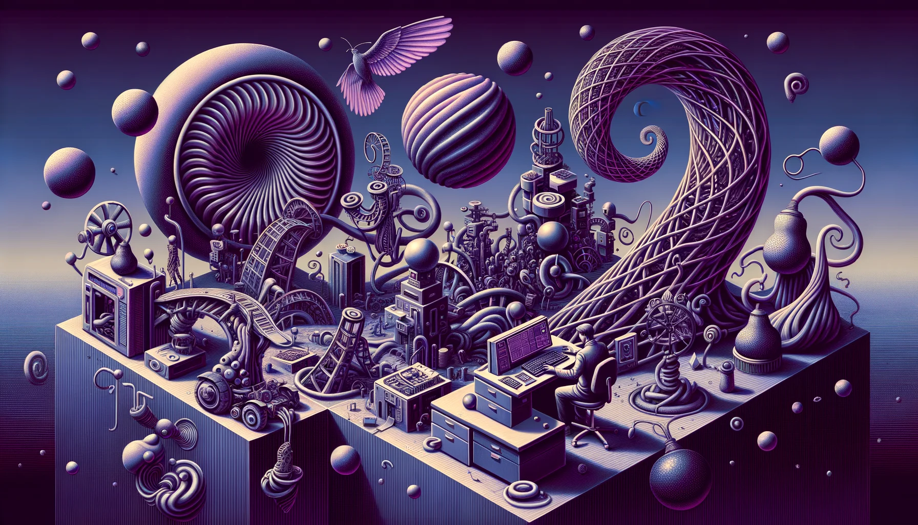 test automation engineer, surrealism style, impossible objects, realistic materials, dark purple main theme