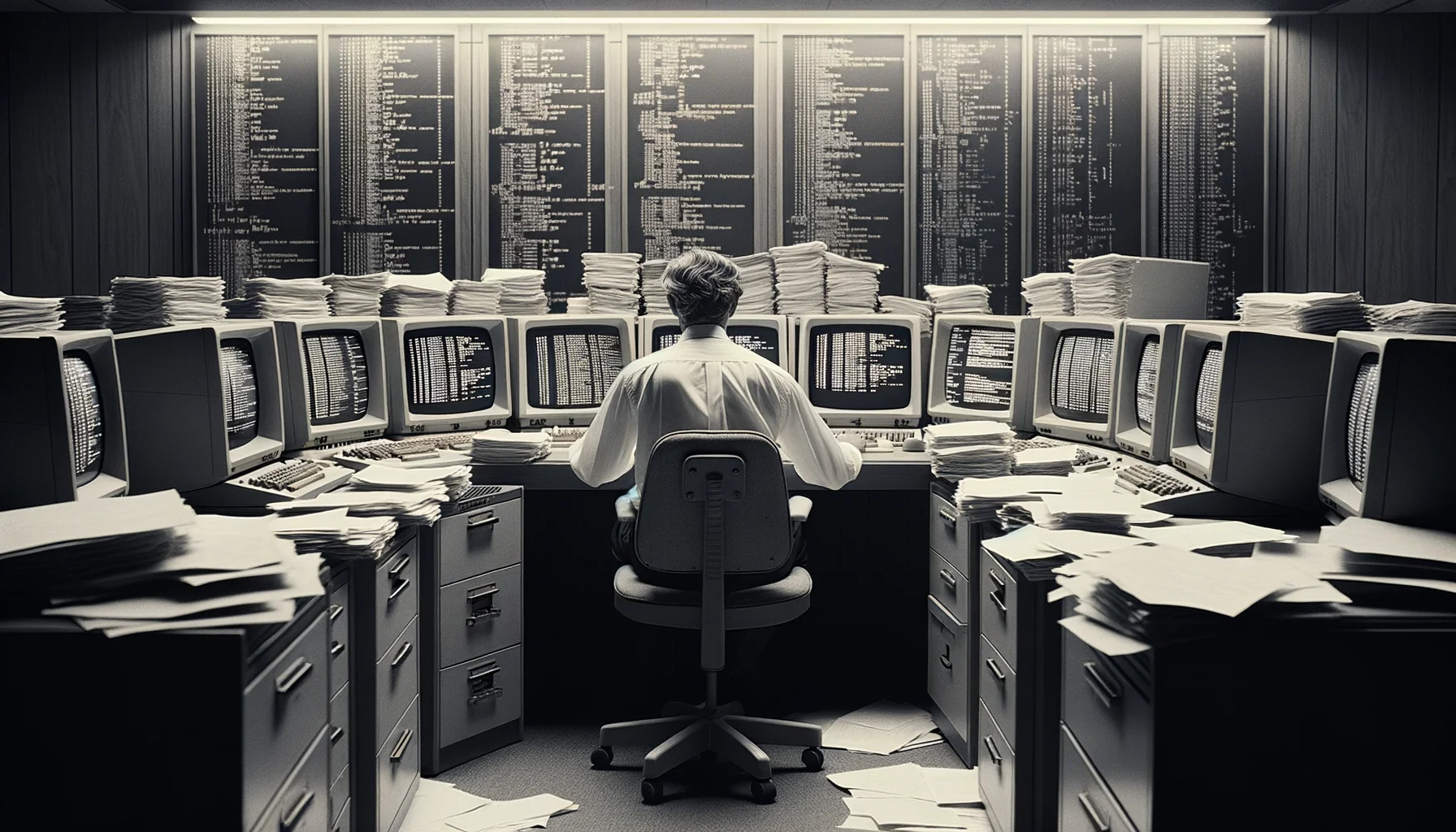 "A male computer scientist, 20th century, developing the UNIX operating system", photo, view from behind