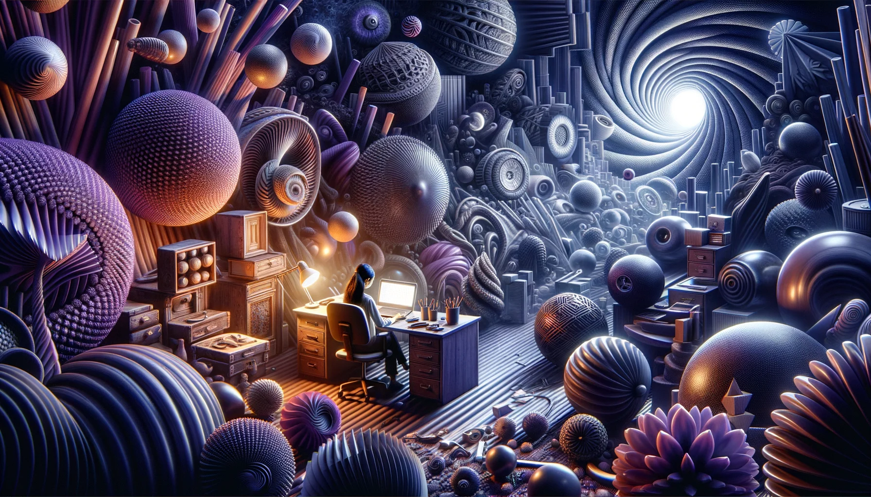 data scientiest, surrealism style, impossible objects, realistic materials, dark purple main theme