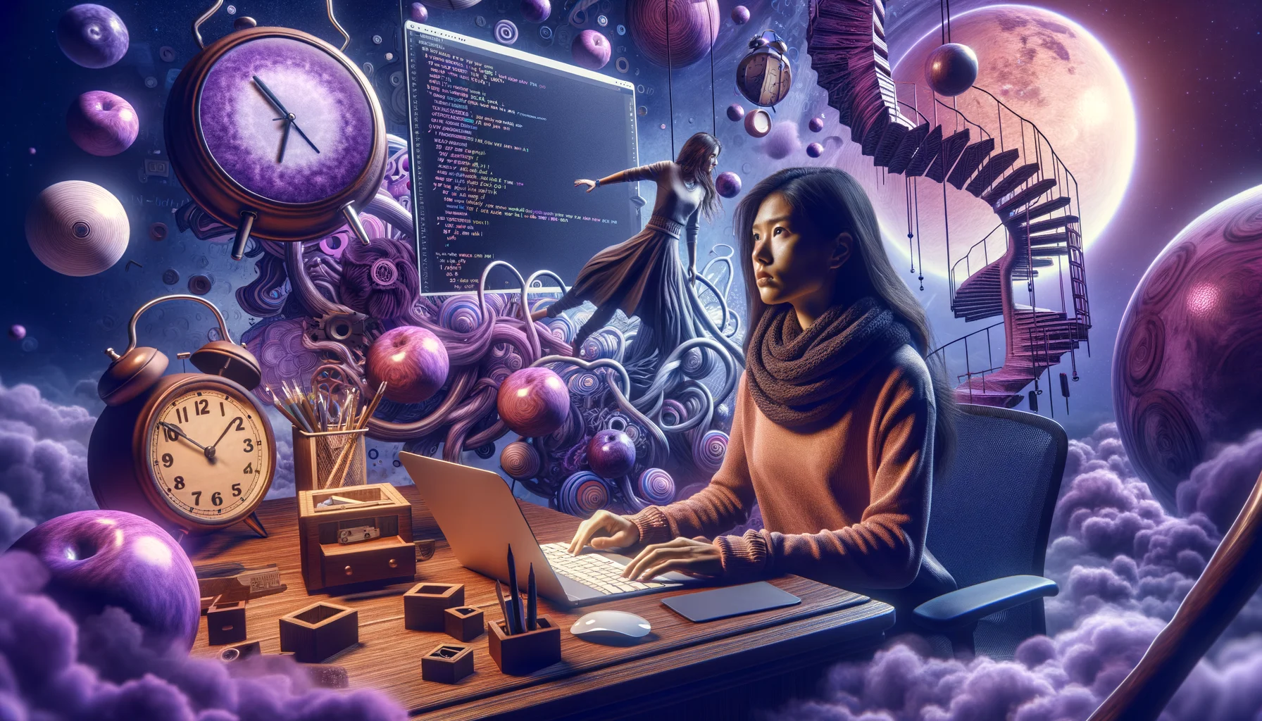 ios Developer, surrealism style, impossible objects, realistic materials, dark purple main theme