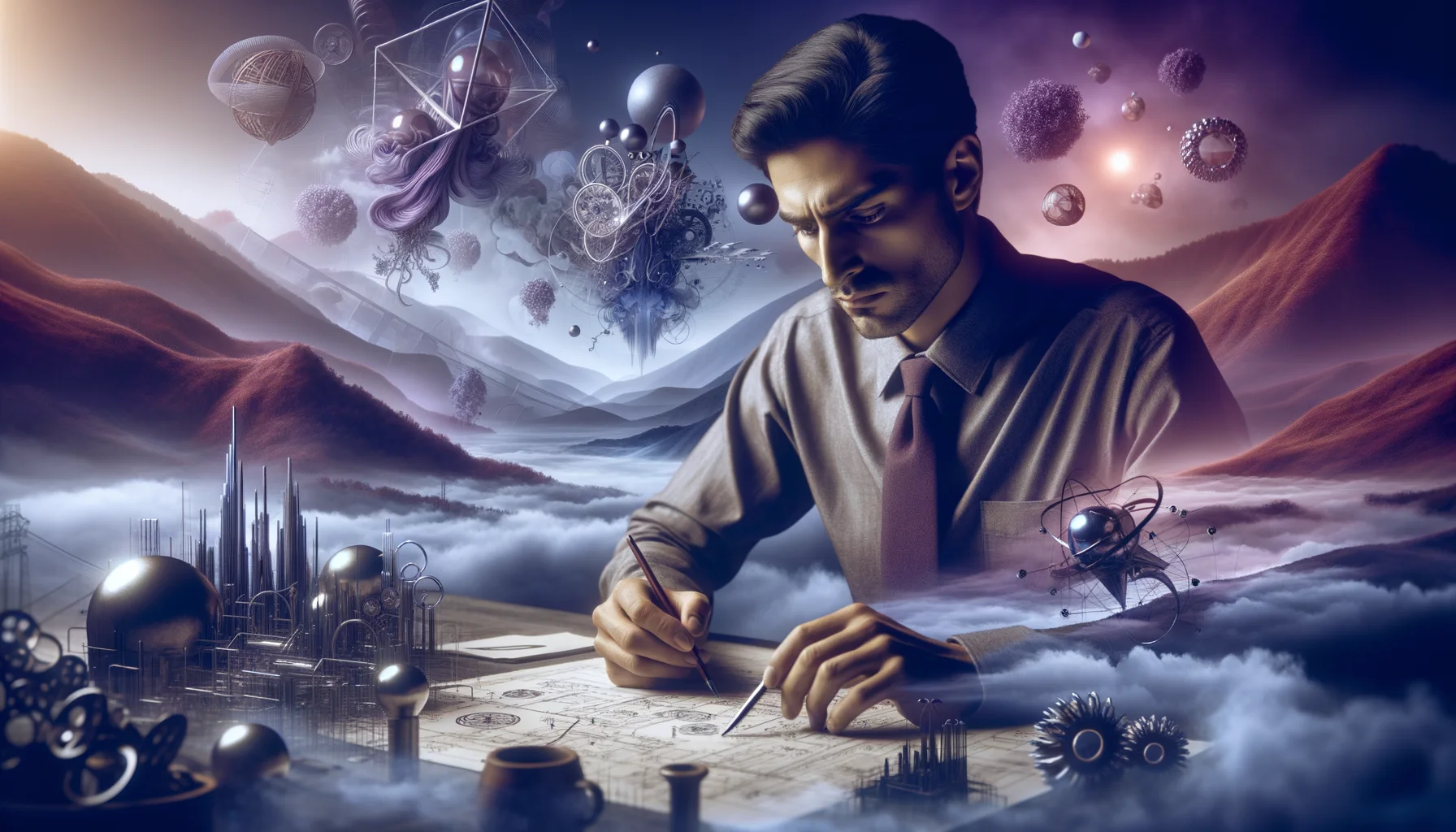 requirements engineer, surrealism style, impossible objects, realistic materials, dark purple main theme