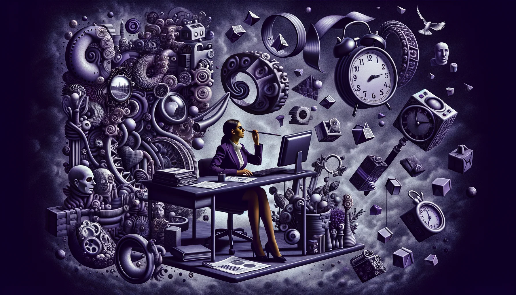 business analyst, surrealism style, impossible objects, realistic materials, dark purple main theme
