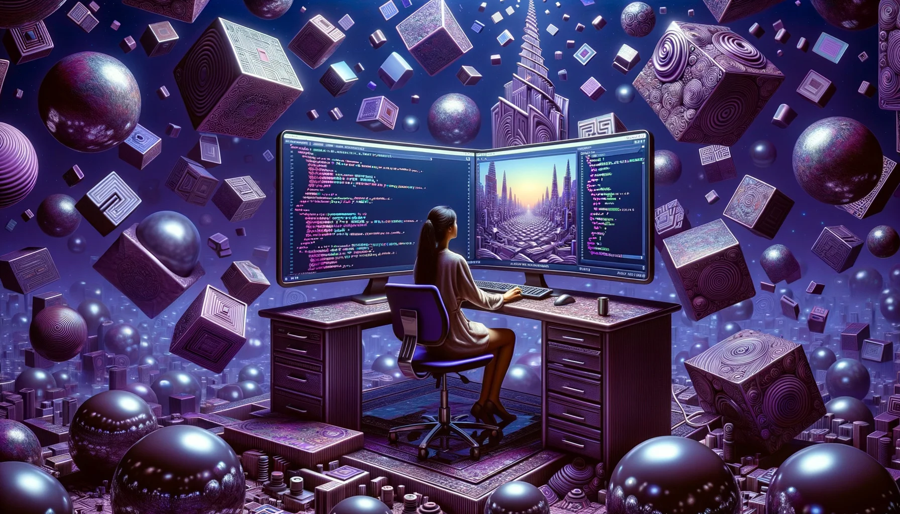 Java Developer, surrealism style, impossible objects, realistic materials, dark purple main theme