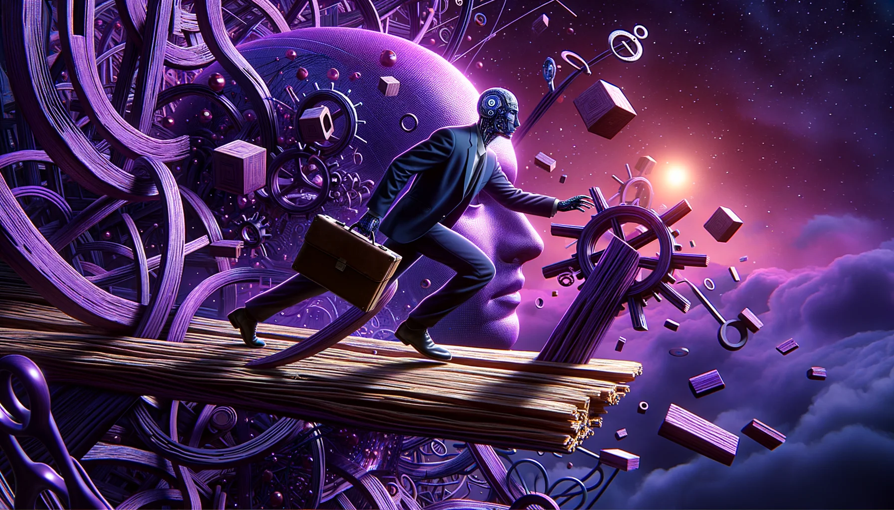 ai engineer, surrealism style, impossible objects, realistic materials, dark purple main theme