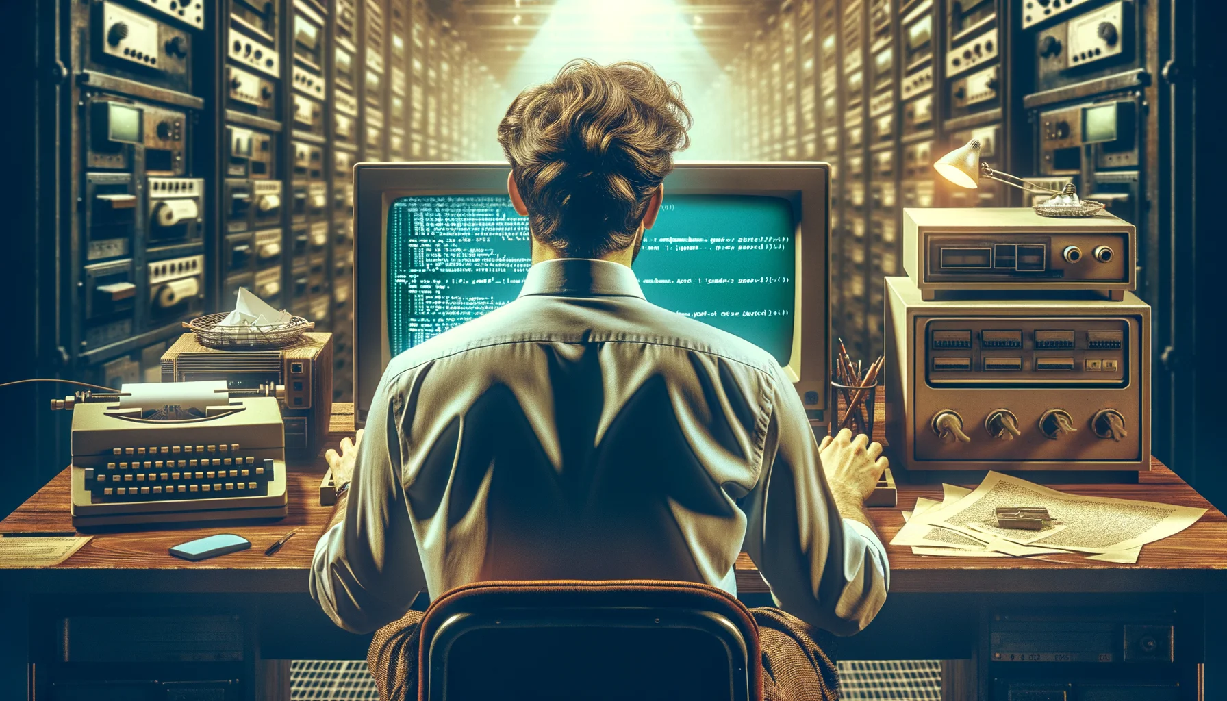 "A male computer scientist, 20th century, creator of the Java programming language", photo, view from behind