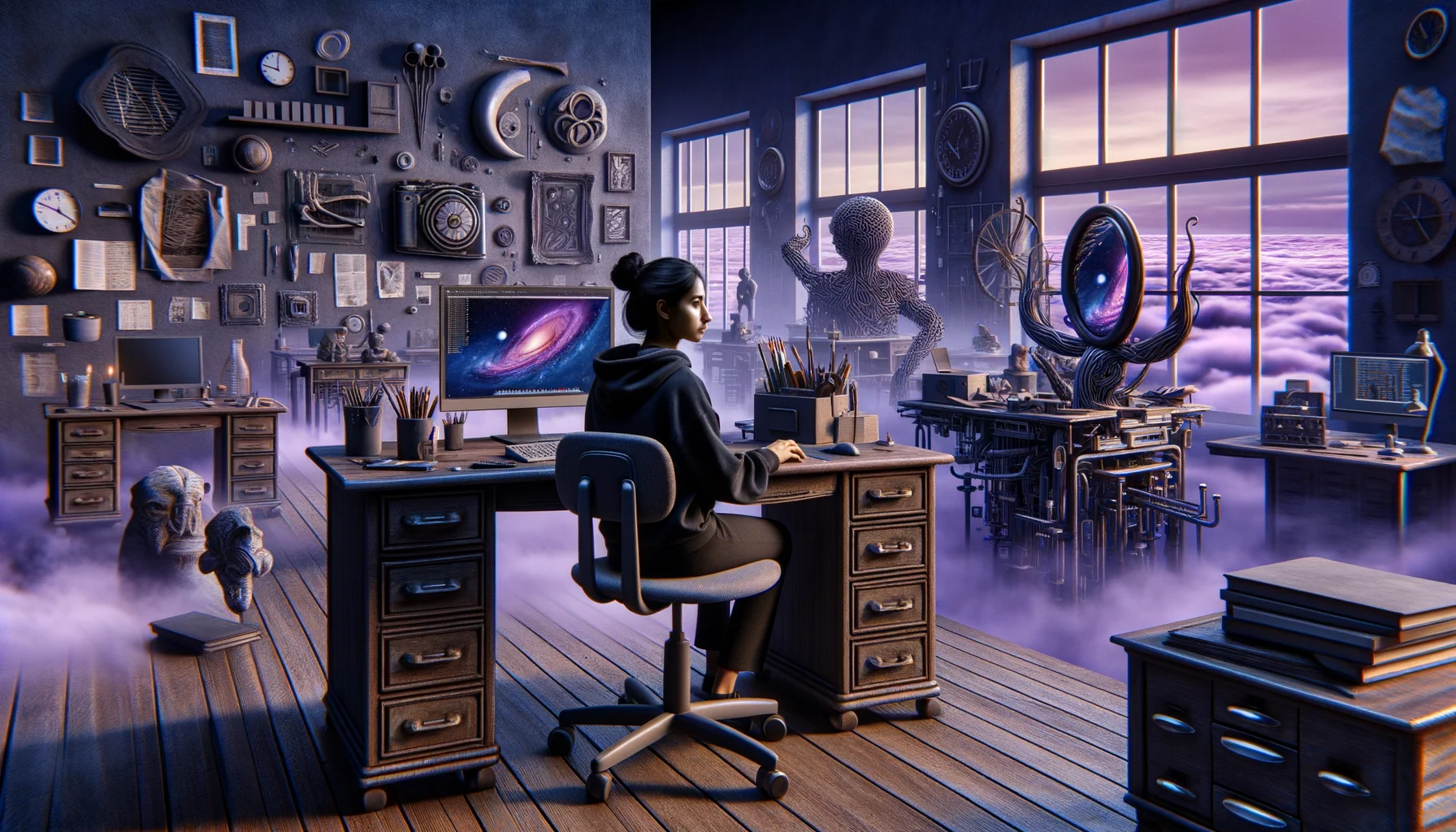 software engineer, surrealism style, impossible objects, realistic materials, dark purple main theme