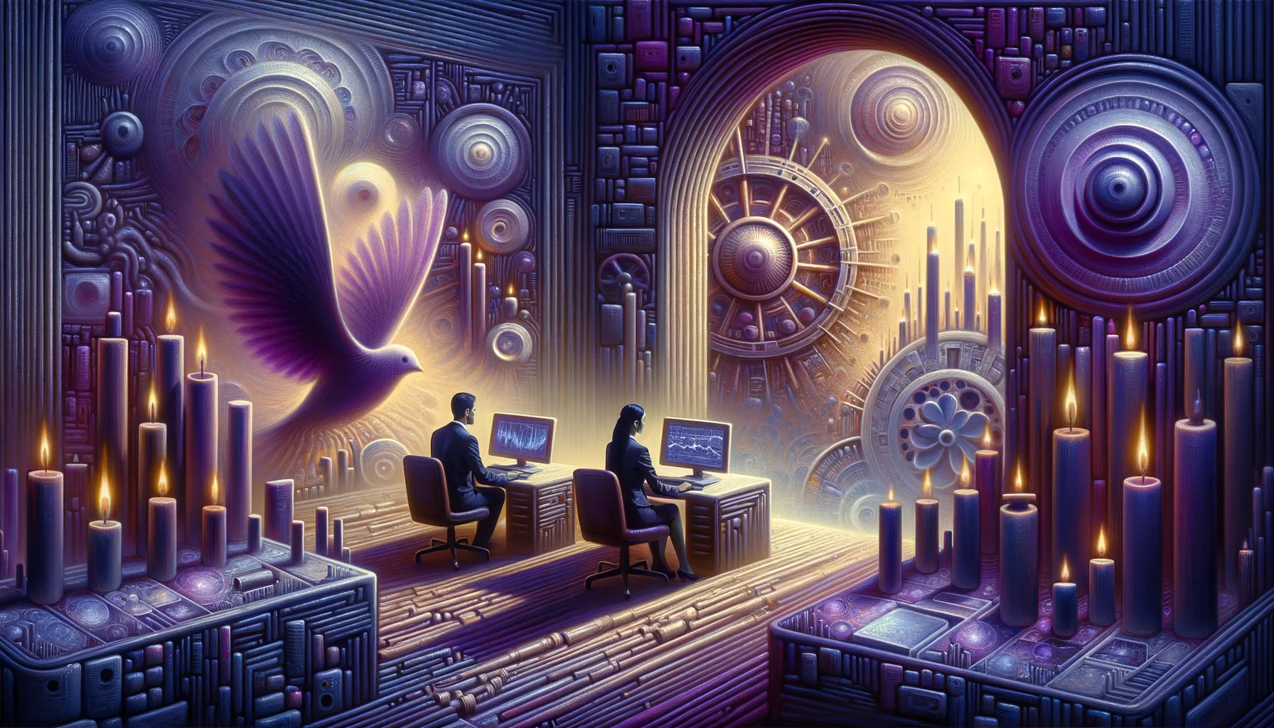 data analyst, surrealism style, impossible objects, realistic materials, dark purple main theme