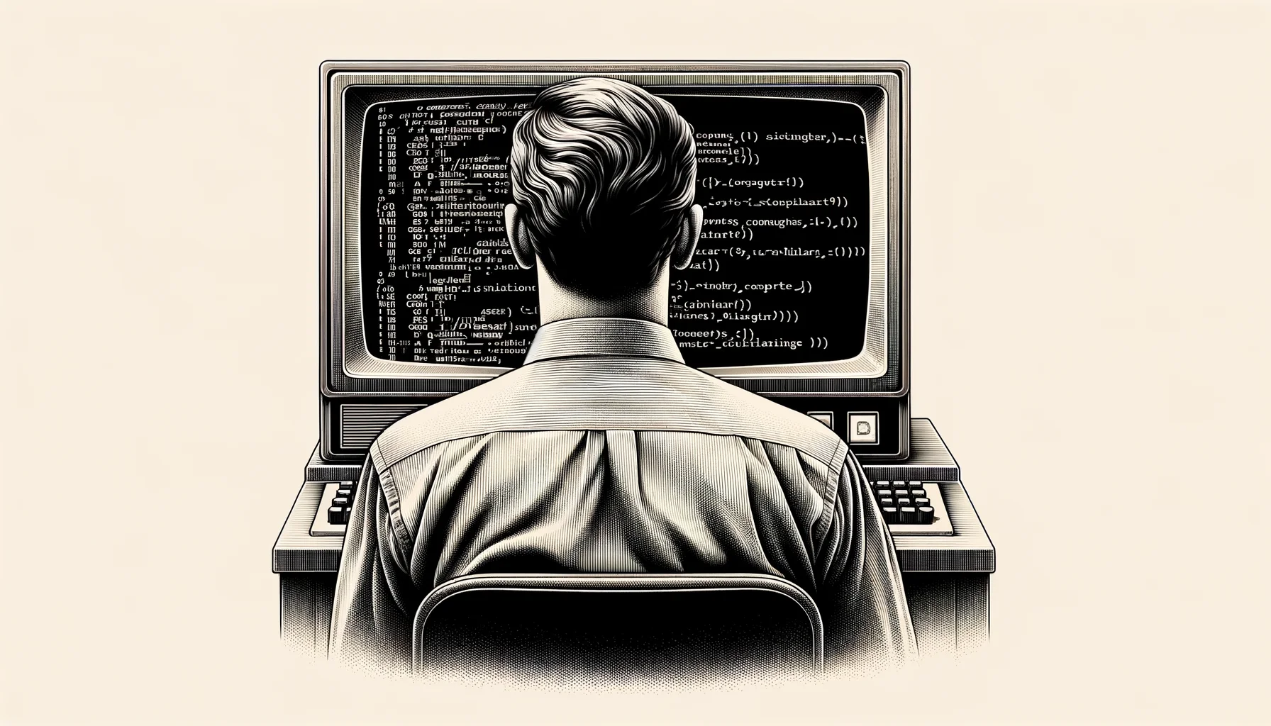 "A male computer scientist, 20th century, co-creator of Unix operating system and C programming language", photo, view from behind