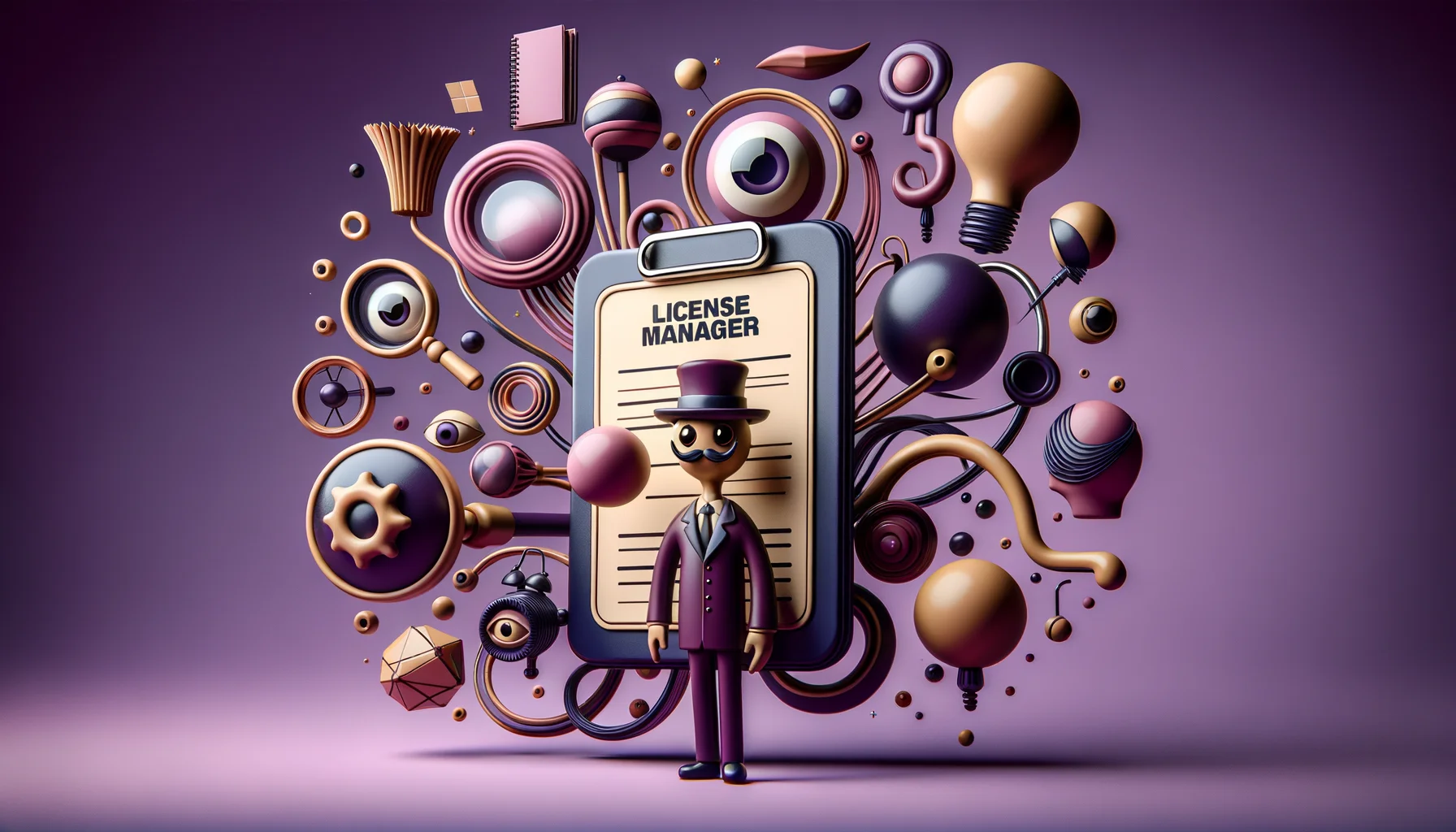 lizenzmanager, surrealism style, impossible objects, realistic materials, dark purple main theme