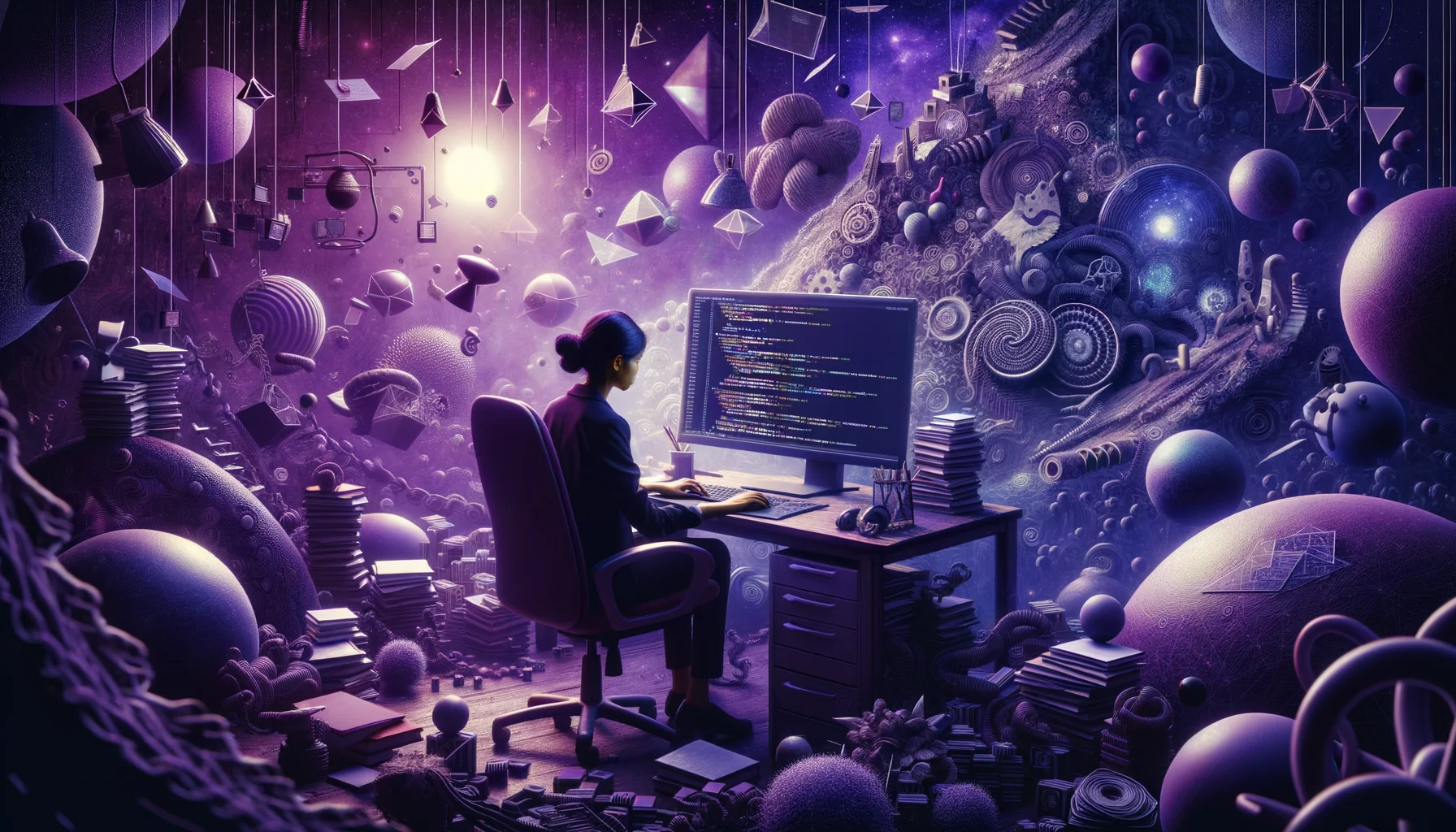 application developer, surrealism style, impossible objects, realistic materials, dark purple main theme