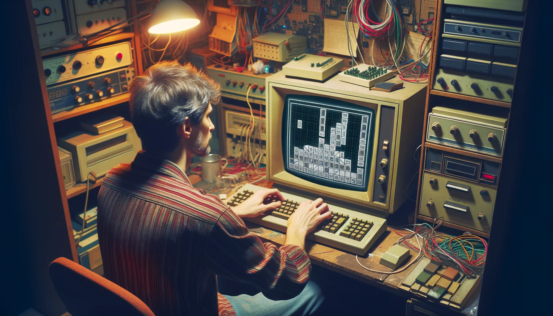 "A Russian software engineer, 20th century, creating the popular puzzle game Tetris on a vintage computer", photo, view from behind