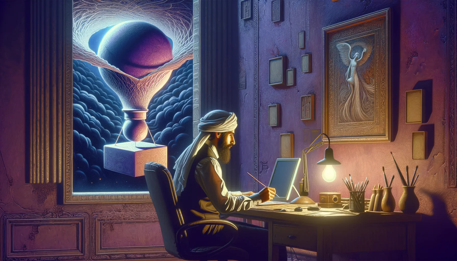 ux designer, surrealism style, impossible objects, realistic materials, dark purple main theme