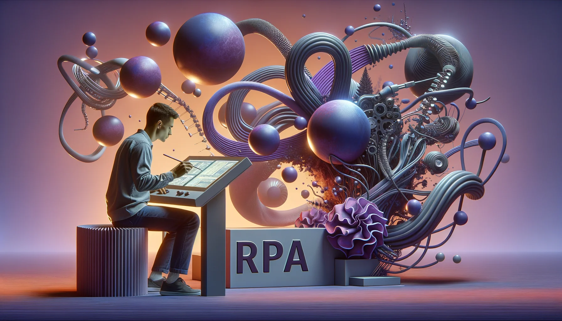 RPA developer, surrealism style, impossible objects, realistic materials, dark purple main theme