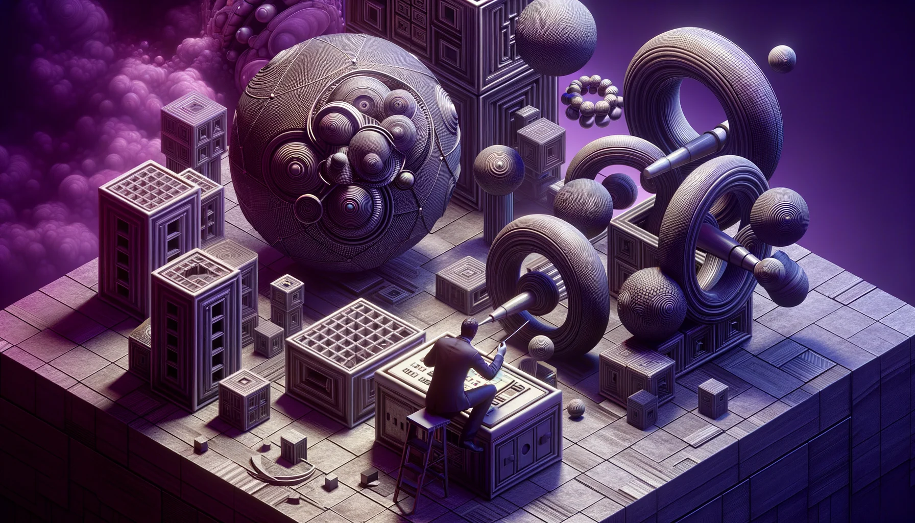 system engineer, surrealism style, impossible objects, realistic materials, dark purple main theme