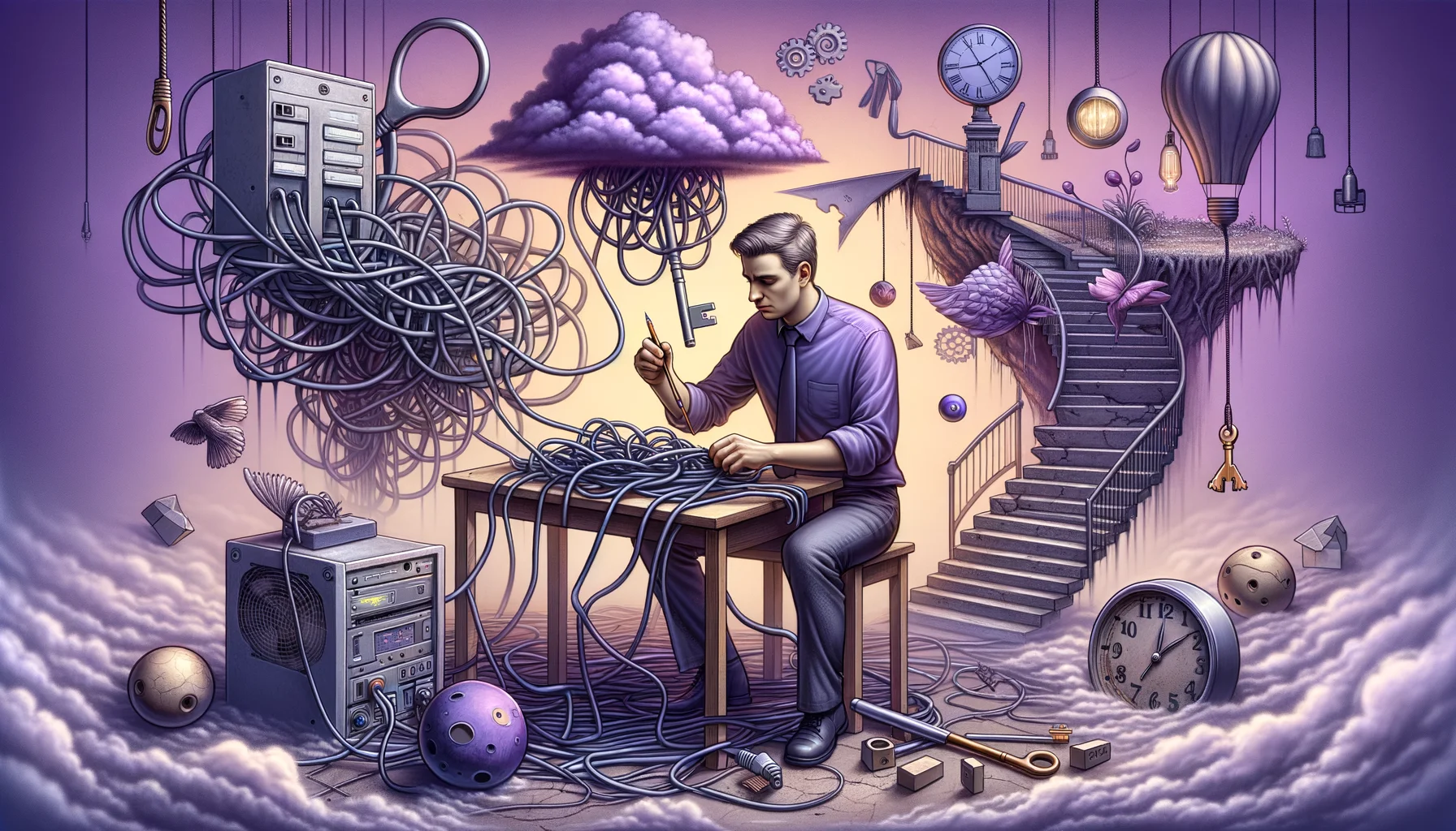 IT Specialist, surrealism style, impossible objects, realistic materials, dark purple main theme