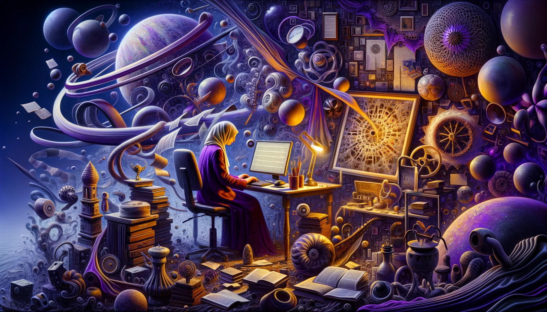 BI analyst, surrealism style, impossible objects, realistic materials, dark purple main theme