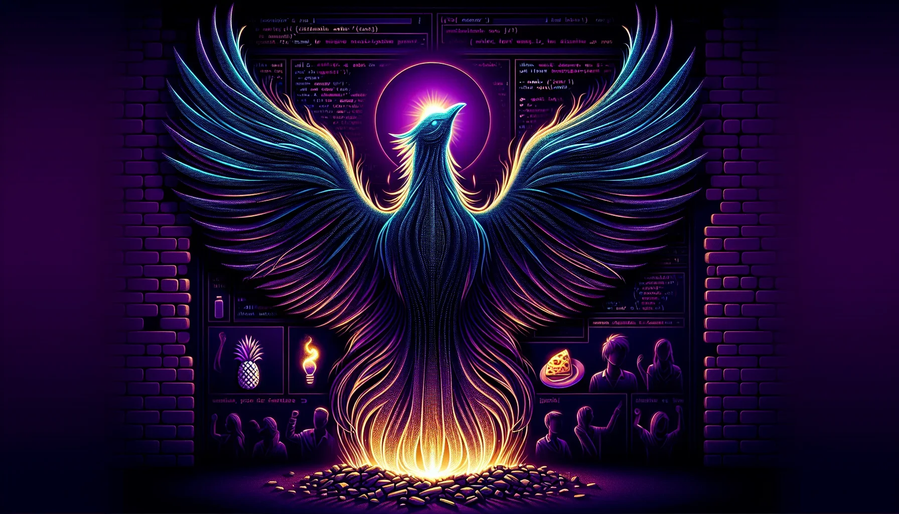 A dynamic, striking visual. The background is a rich, dark purple, evoking a sense of mystery and depth. The central image is a large, majestic phoenix, its wings spread wide, rising from a pile of ashes. The phoenix is made up of intricate lines of glowi