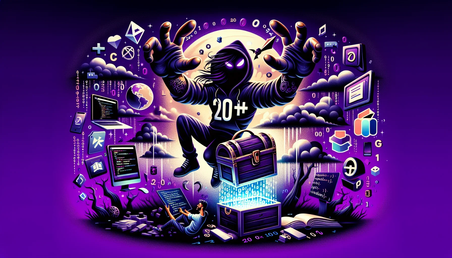 The image is a dynamic and edgy digital artwork with a dominant dark purple theme, reminiscent of midnight coding sessions. In the center, there's a vibrant, youthful character symbolizing Java, full of vigor despite the number "20+" tattooed on its arm,