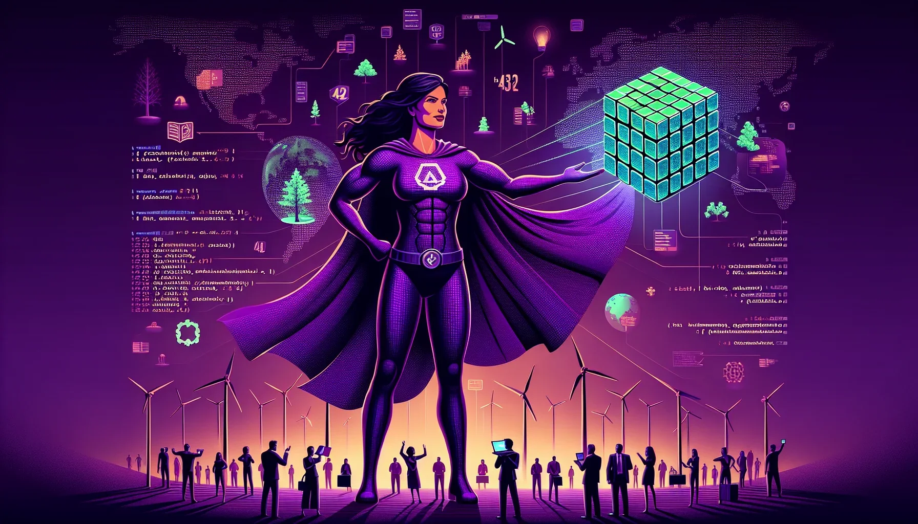 A dark purple backdrop depicts a stylized, edgy digital world. In the center, a caped superheroine figure with an "J" emblem stands confidently; this is Julia, personified as a climate heroine. She's muscular, representing the computational strength of th