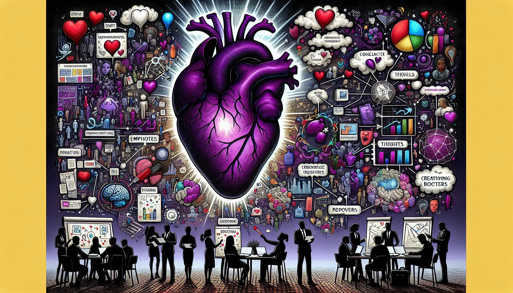 A large, edgy canvas dominated by hues of dark purple, filled with stark illustrations and pop-art graphics. The central image is a giant heart, pulsating with light, representing the workshops at the core of the Design Thinking process. The heart is inte