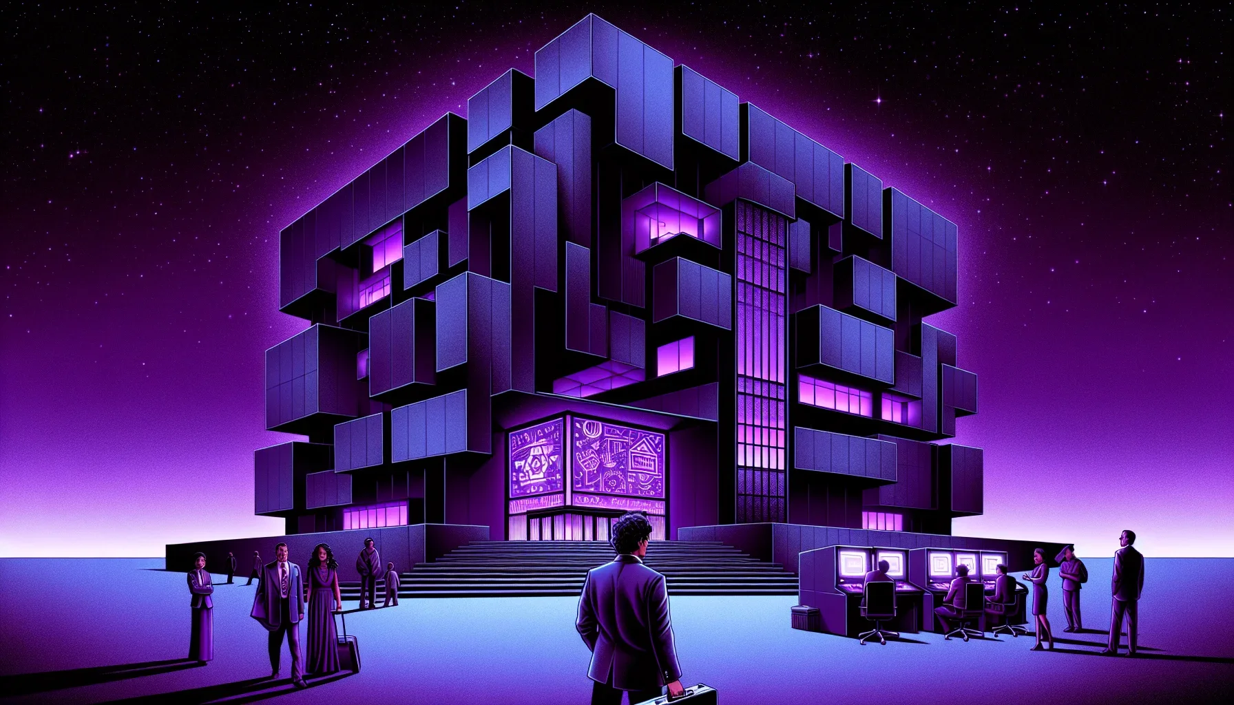A large, edgy, 3D-style image dominating the canvas, showing an imposing, modernist building, representing Bell Laboratories. The building is composed of dark purple geometric shapes, set against a deep purple night sky studded with twinkling stars. Above