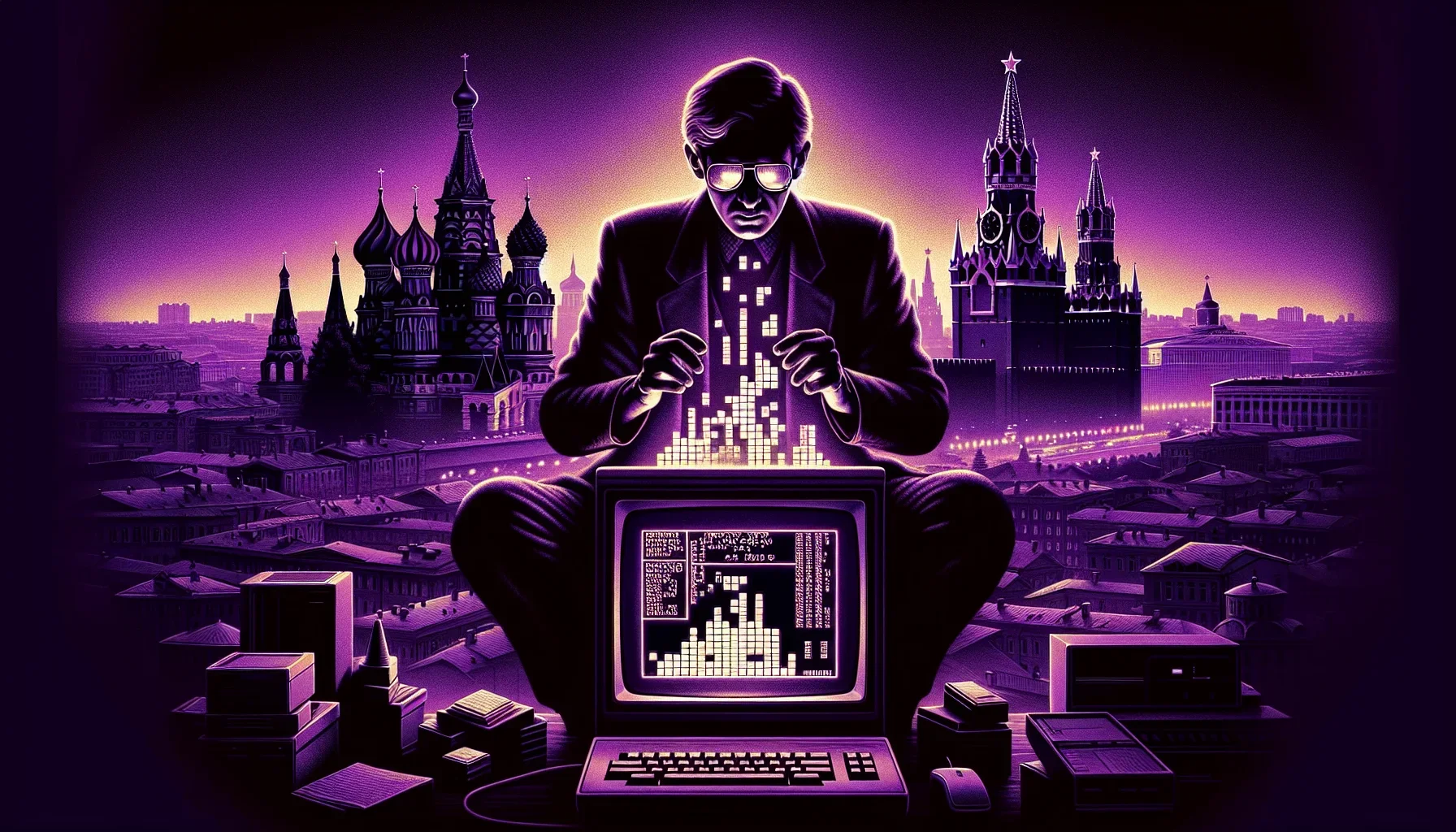 The visualization opens with a stark silhouette of the Moscow skyline, with the iconic domes of the city's cathedrals and the imposing structure of the Kremlin. The cityscape is filled with blocks of Tetris, falling down in a captivating dance. The edgy s