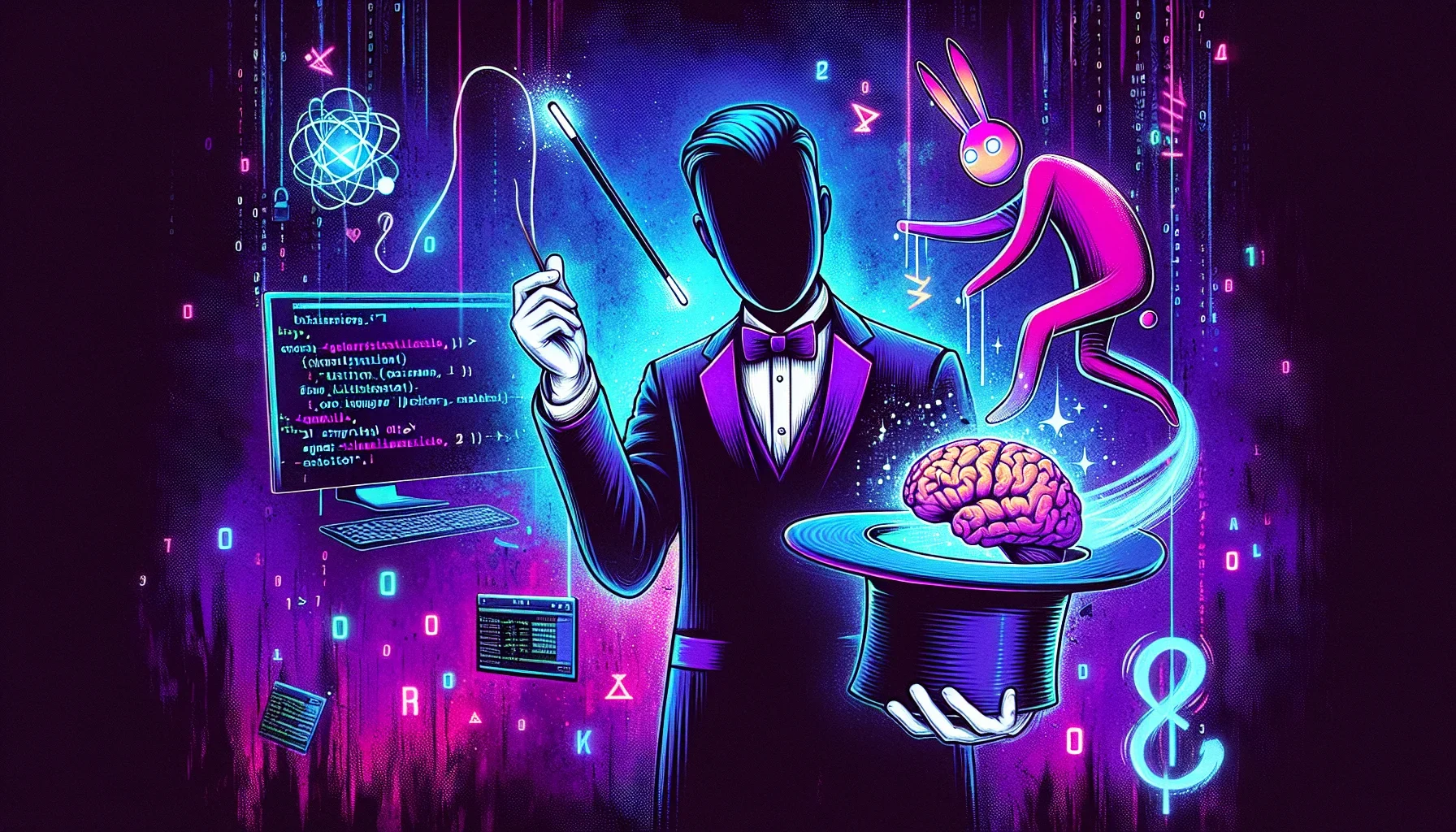 A digital art piece that captures the essence of the paragraph. The background is a dark, velvety purple, with swashes of neon blue and electric pink, giving it an edgy and modern vibe. The central figure is a stylized, pop-art portrait of Ken Thompson, d