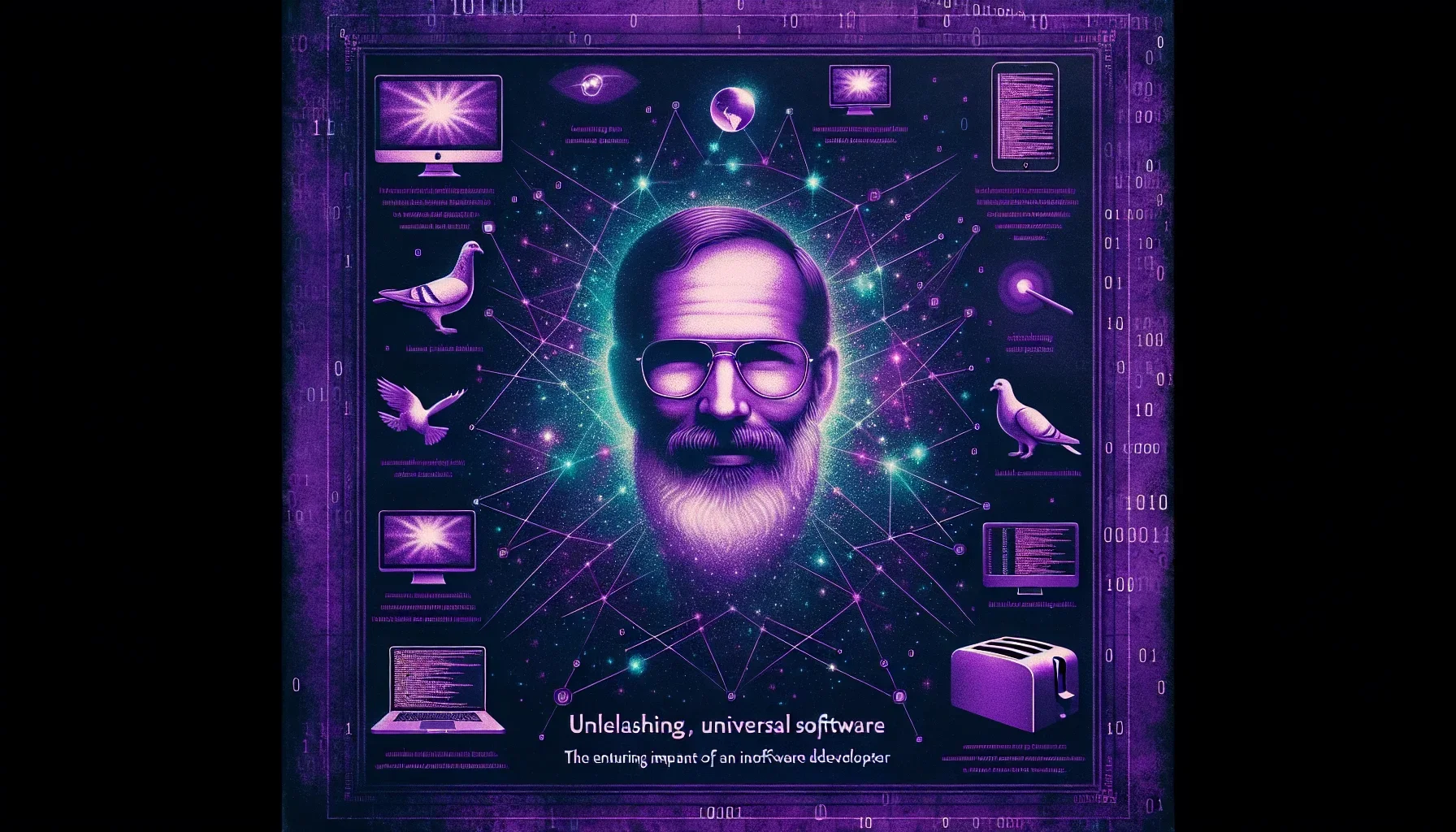 A digital canvas, textured and layered in different shades of dark purple, serving as the backdrop for this visualization. It's a fusion of pop culture references and the world of IT. The title "Unleashing Universal Software: The Enduring Impact of James