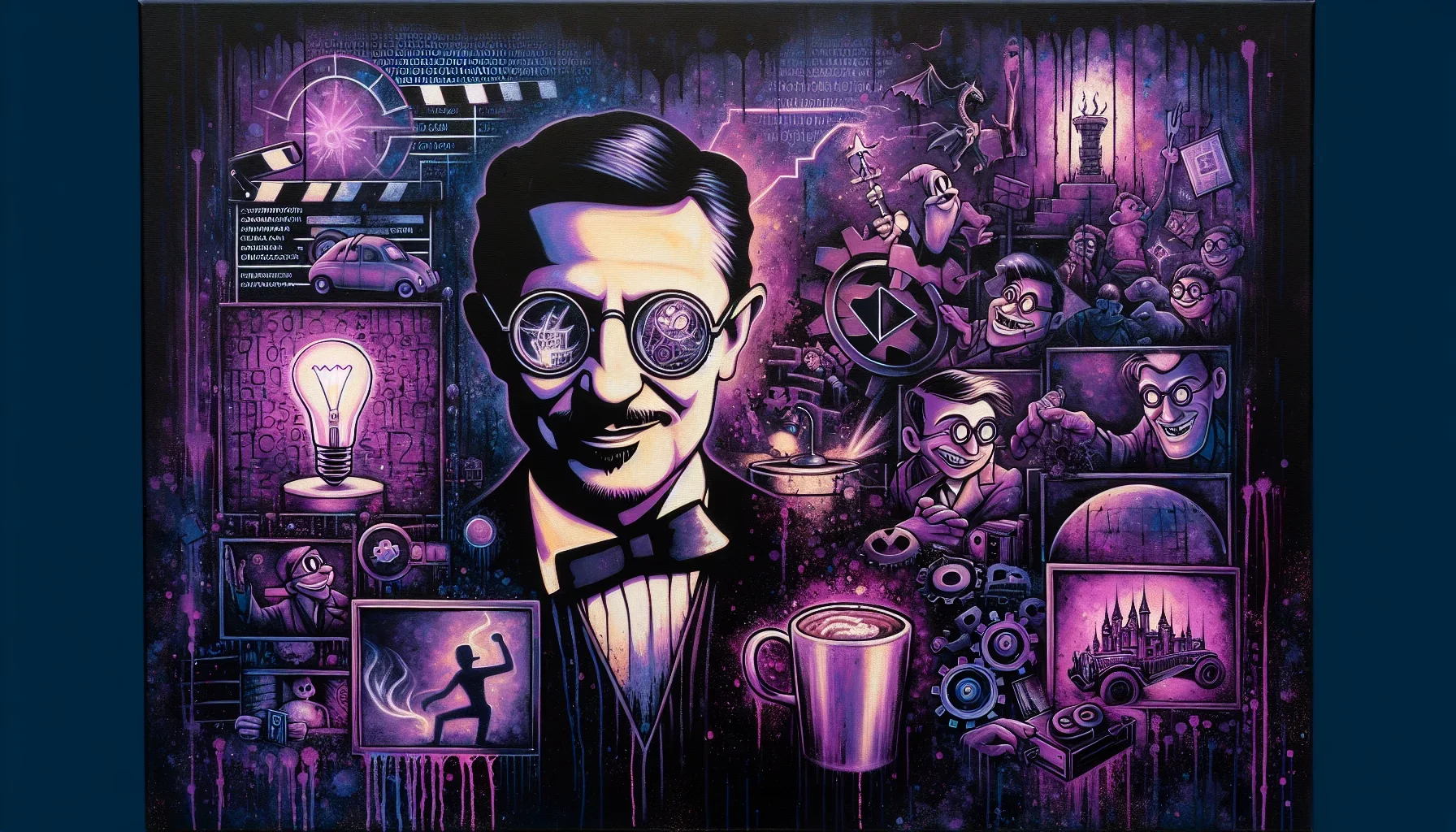 A bold, edgy canvas splashed with hues of dark purple that sets the somber yet powerful mood of the story. Right in the center, a stylized and abstracted depiction of Steve Jobs, his iconic glasses reflecting the Pixar logo, a hint of a smirk playing on h