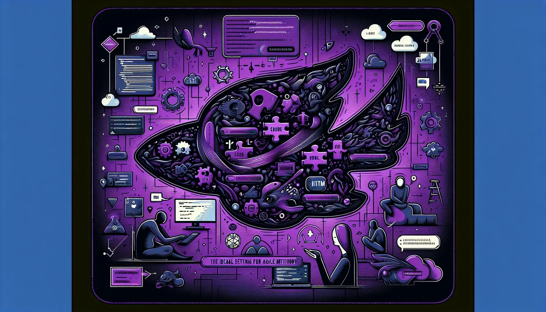 A bold, edgy digital illustration that uses a dark purple color scheme. The central image is a dynamic, fluid shape, symbolizing agility and adaptability. This shape is composed of smaller shapes or puzzle pieces, representing the dissection of work into