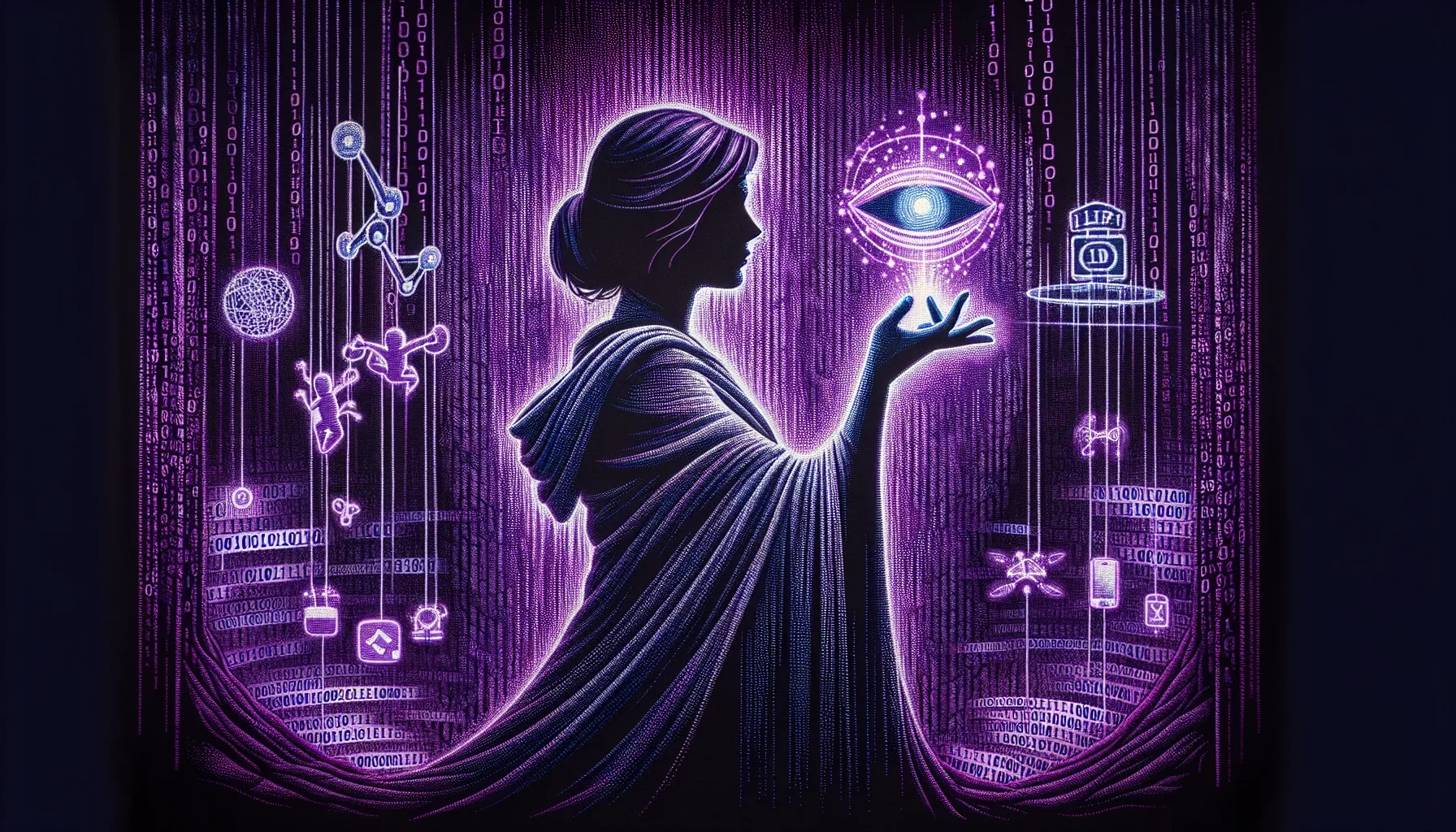 A scene dominated by a dark purple backdrop, with threads of binary code subtly cascading down the sides, representing the IT universe. At the center, a towering figure of Karen Spärck Jones stands, her silhouette etched in a lighter shade of purple, proj