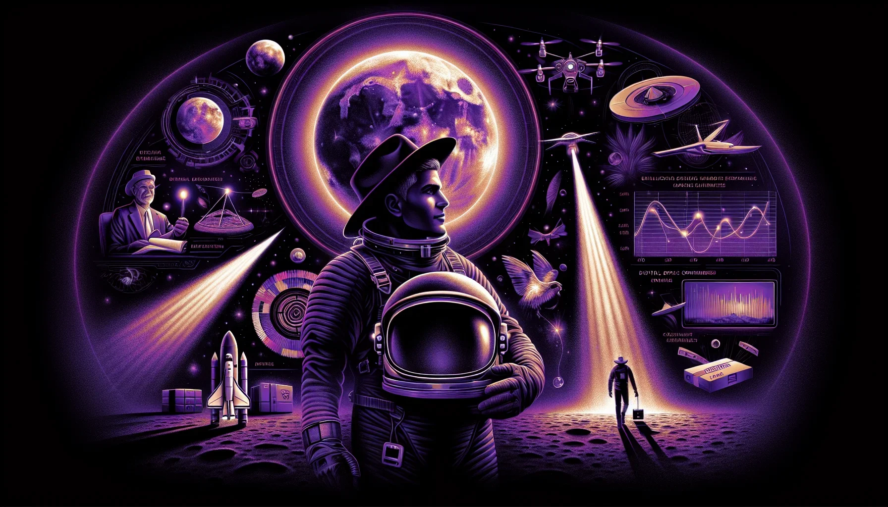 A bold, dark purple background setting the tone, with a futuristic and edgy design. In the center, an imposing figure of Jeff Bezos, dressed in an astronaut suit with his helmet under his arm, stands tall. He's looking determinedly towards the moon, visib