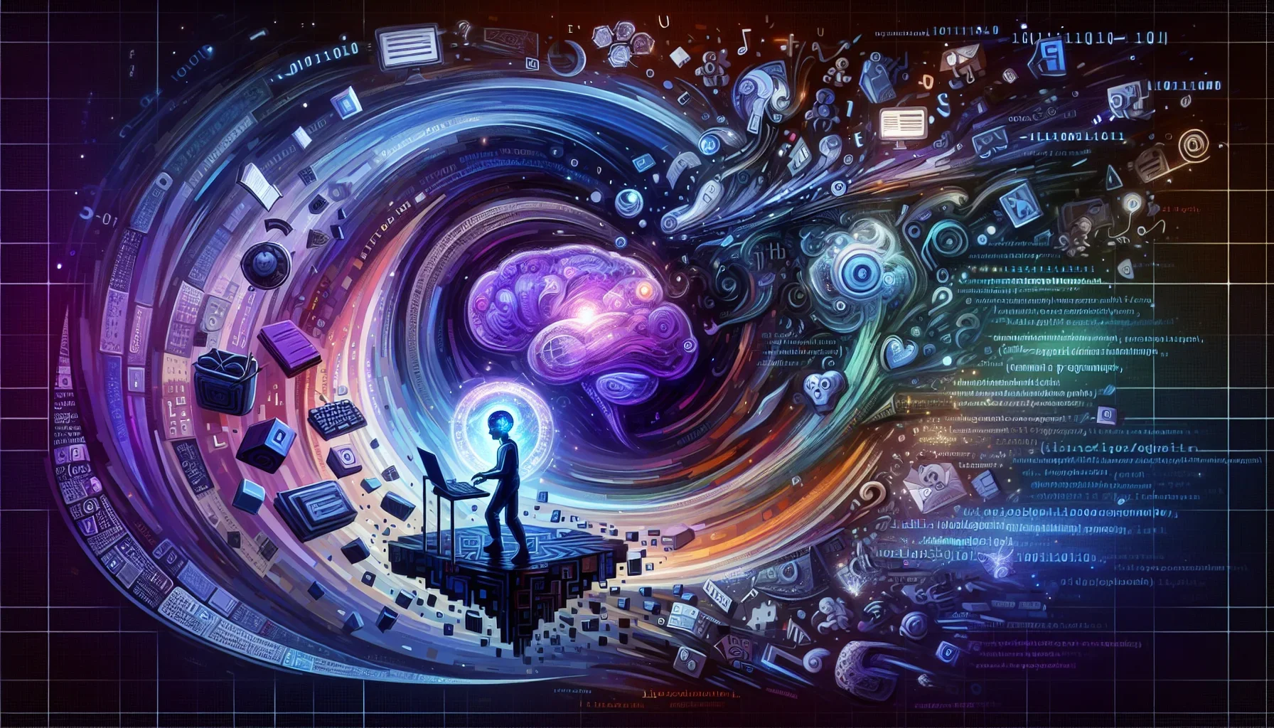 A dynamic, angular digital painting with a palette dominated by various shades of dark purple. Larry Wall stands at the center of the composition, depicted as a whimsical, stylized figure with glasses, a glowing brain to signify his intellect, and a keybo