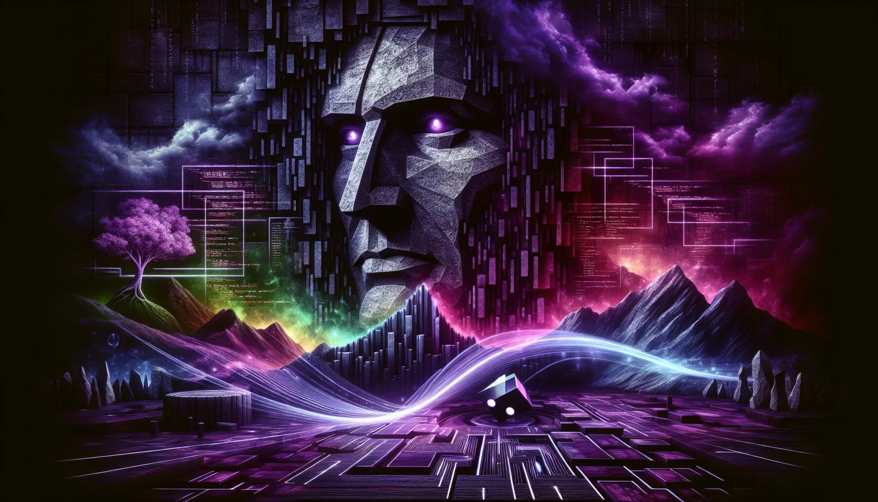A dramatic, edgy artwork dominated by dark purple hues that create an intense, mysterious atmosphere. At the center of the piece, a larger-than-life stone carving of Ken Thompson's face, reminiscent of Mount Rushmore, looms over a technicolor landscape th