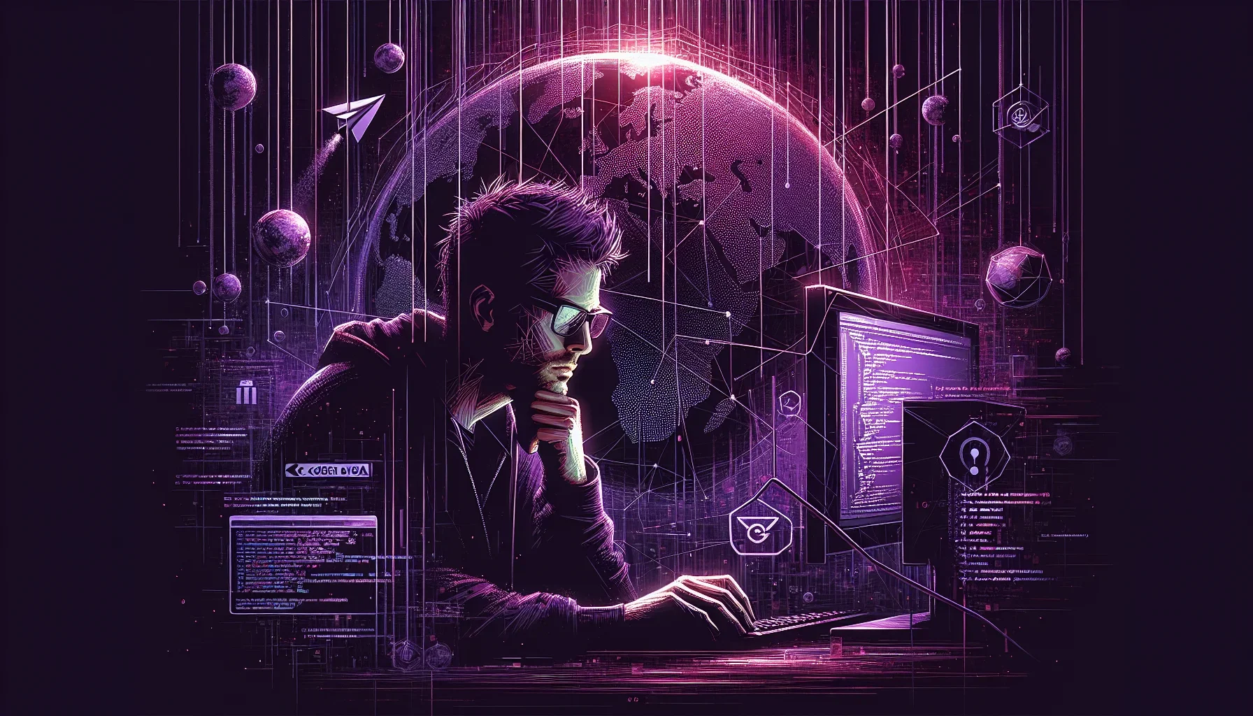 The visualization is a striking digital artwork that exudes a moody, edgy vibe. Dominated by varying shades of dark purple that create a sense of depth, the image boldly captures the essence of Larry Wall's impact on the IT world.
The central focus of t
