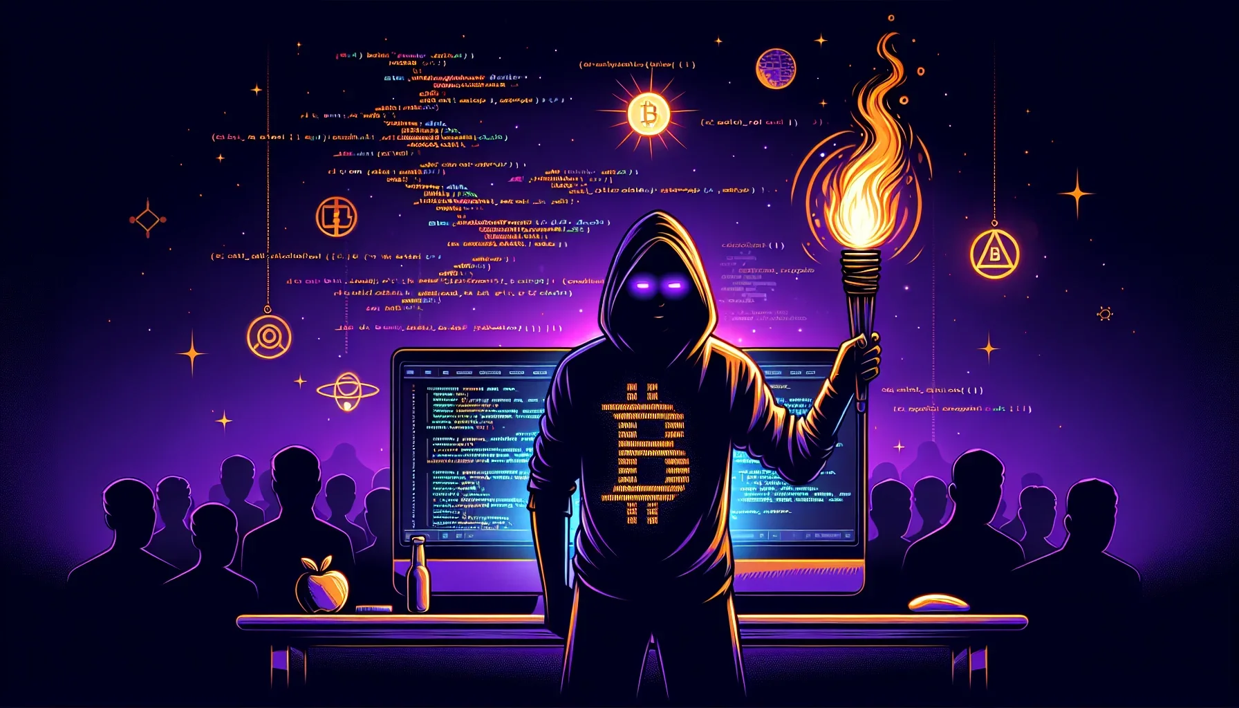 A dark purple background sets the stage for a visual representation of Steve Jobs. Jobs is depicted as an edgy, modern-day software developer, standing in front of a computer screen that is displaying lines of code. The code subtly forms the shape of an A