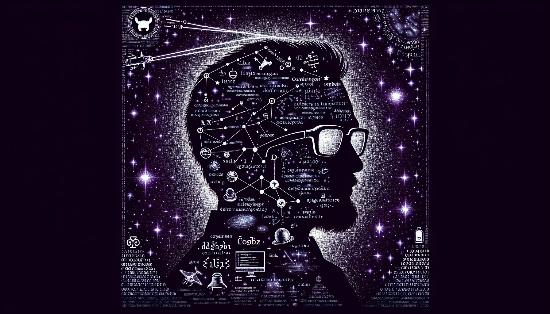 The image as a dark purple backdrop, dotted with stars that symbolize the vast universe of knowledge and coding. These stars form a constellation, outlining a silhouette of Larry Wall, with his glasses glinting subtly against the cosmic background. His si