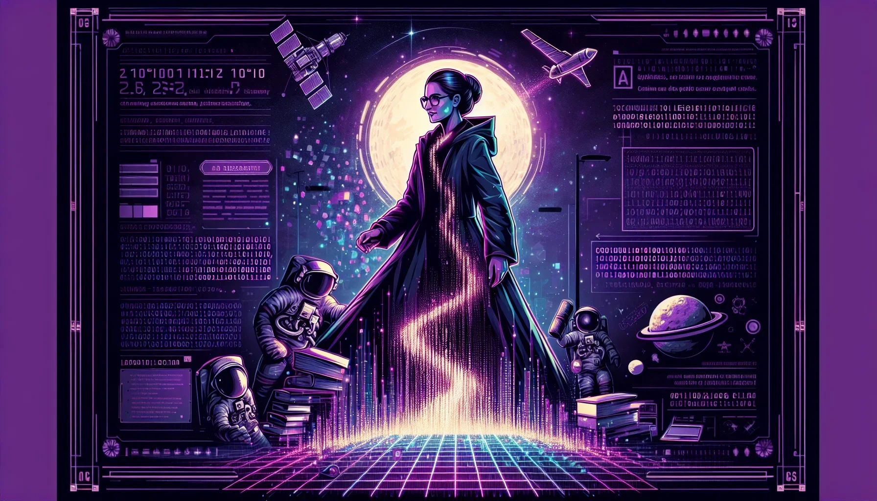 A dark purple backdrop setting the stage for a dynamic and edgy visual tribute to Karen Spärck Jones. In the center, a powerful, stylized illustration of Spärck Jones herself, standing tall and confident. She's depicted in a futuristic style, embodying a
