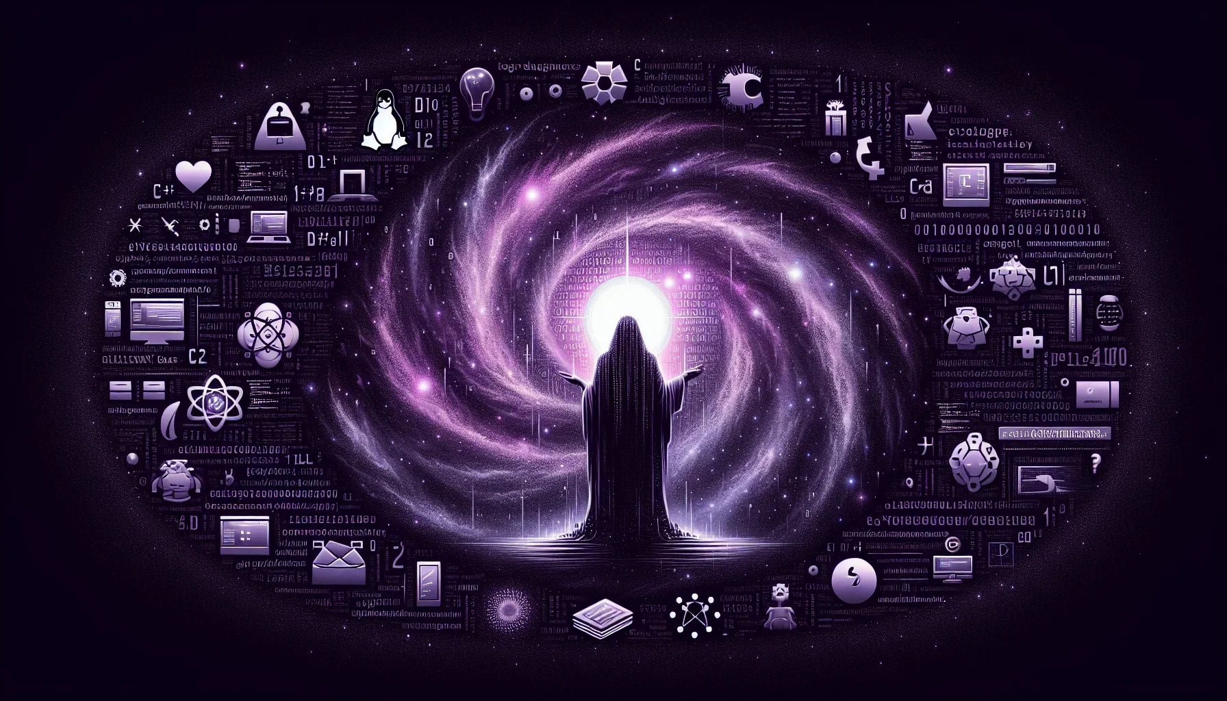 A dark purple, nearly black, backdrop is filled with a swirling galaxy of 1s and 0s, symbolizing the digital universe that Dennis Ritchie helped to create. His silhouette, depicted in a lighter shade of purple, stands tall in the center of the image, hold