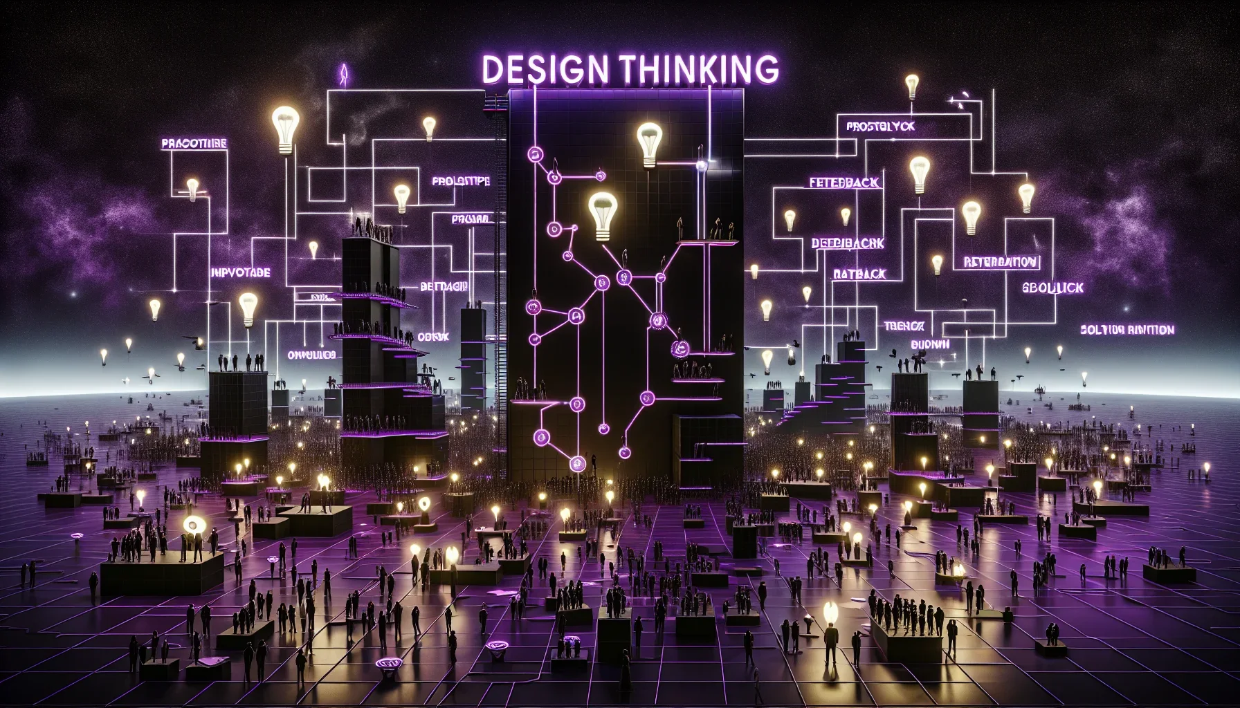 A dark purple, edgy, digital landscape stretching into the horizon, filled with abstract representations of buildings, each embodying a different aspect of the paragraph's content. The tallest building in the center is labeled "Design Thinking," glowing w