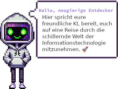 A friendly looking AI, welcoming the reader to its digital world.