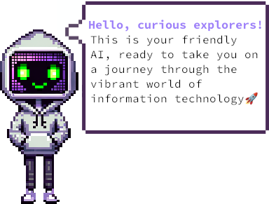 A friendly looking AI, welcoming the reader to its digital world.